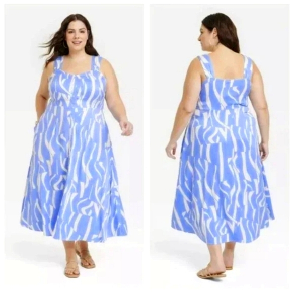 Ava & Viv Plus Size Button Light Blue And White Stretchy Midi Dress. Size XXL - Picture 2 of 8